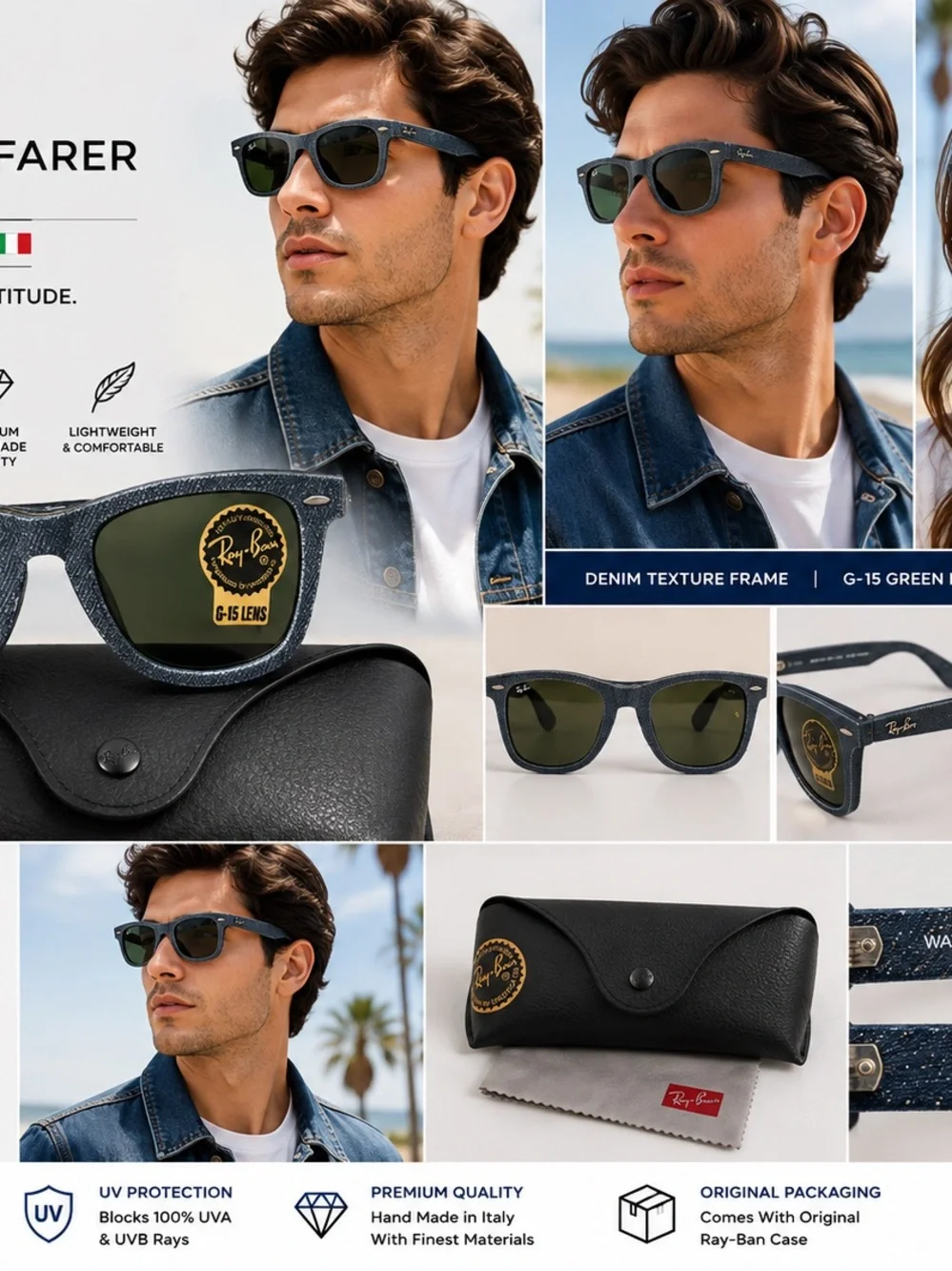 Ray-Ban Men’s Denim Texture Wayfarer Sunglasses - Blue Frame, Green Lenses